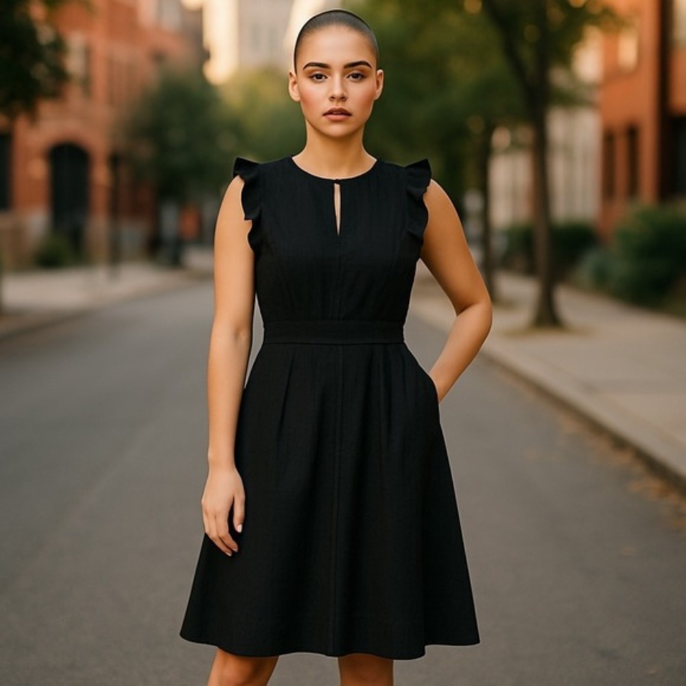 Whistles Womens SZ 0 Dress London Grill Black Grid Pattern Ruffles Keyhole Neck‎